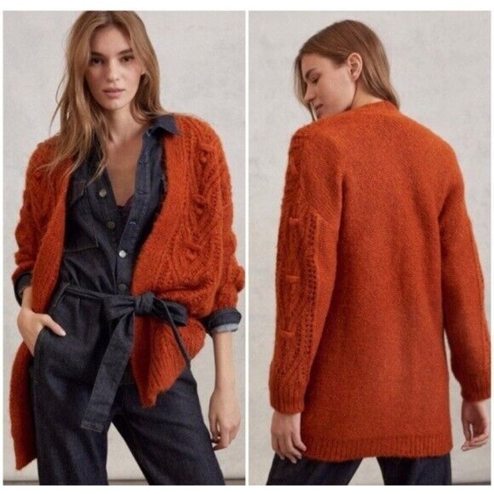 Anthropologie Cable Knit Cardigan Open Front Oversized Sweater Orange‎ XS Boho